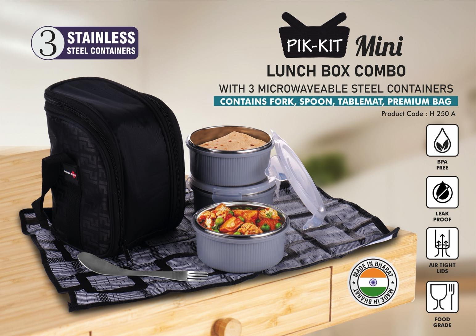 PIK-KIT mini: Lunch box combo with 3 Microwaveable Steel
containers | Contains Fork, Spoon, Tablemat, Premium Bag |
New Ribbed design