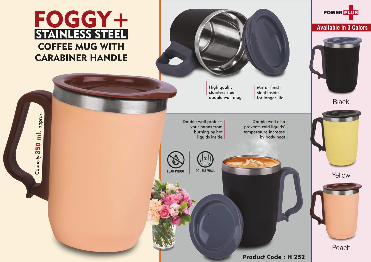 Foggy+ Stainless Steel coffee mug with Carabiner Handle | Leak
Proof Cap | Capacity 350ml approx