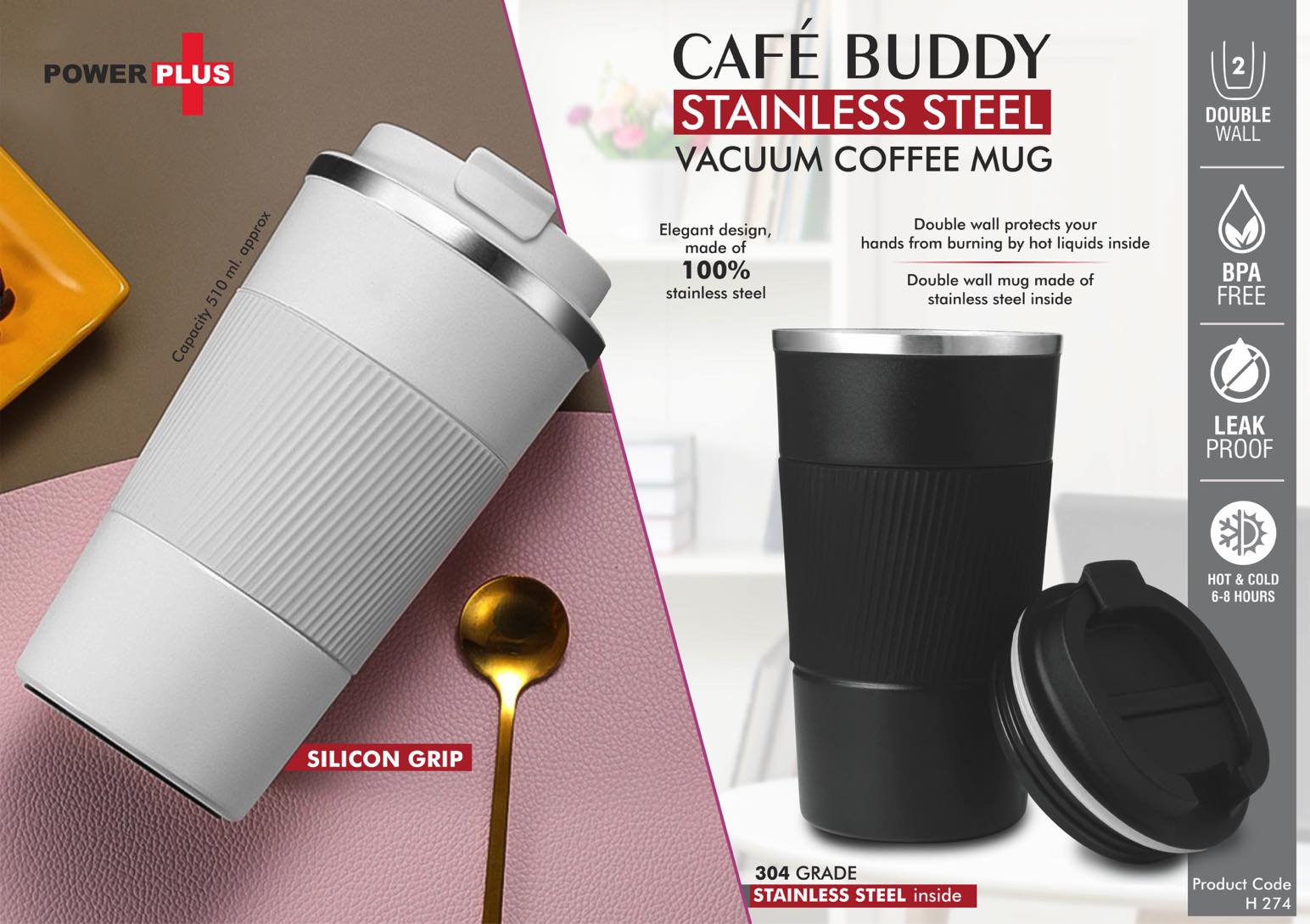 Cafe Buddy: Stainless Steel Vacuum coffee mug with Silicon
Grip | Premium Flip top locking cap | Capacity 510ml approx
