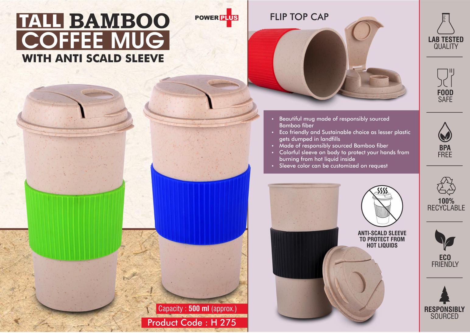 Tall Bamboo Coffee mug: Eco friendly mug with flip top Lid and
Anti-Scald sleeve | Capacity 500 ml