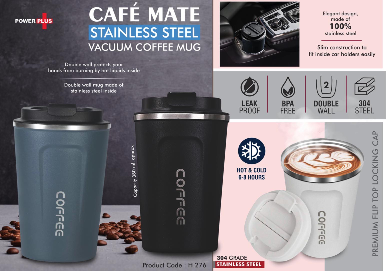 Cafe Mate: Stainless Steel Vacuum coffee mug | Premium Flip
top locking cap | Capacity 380ml approx