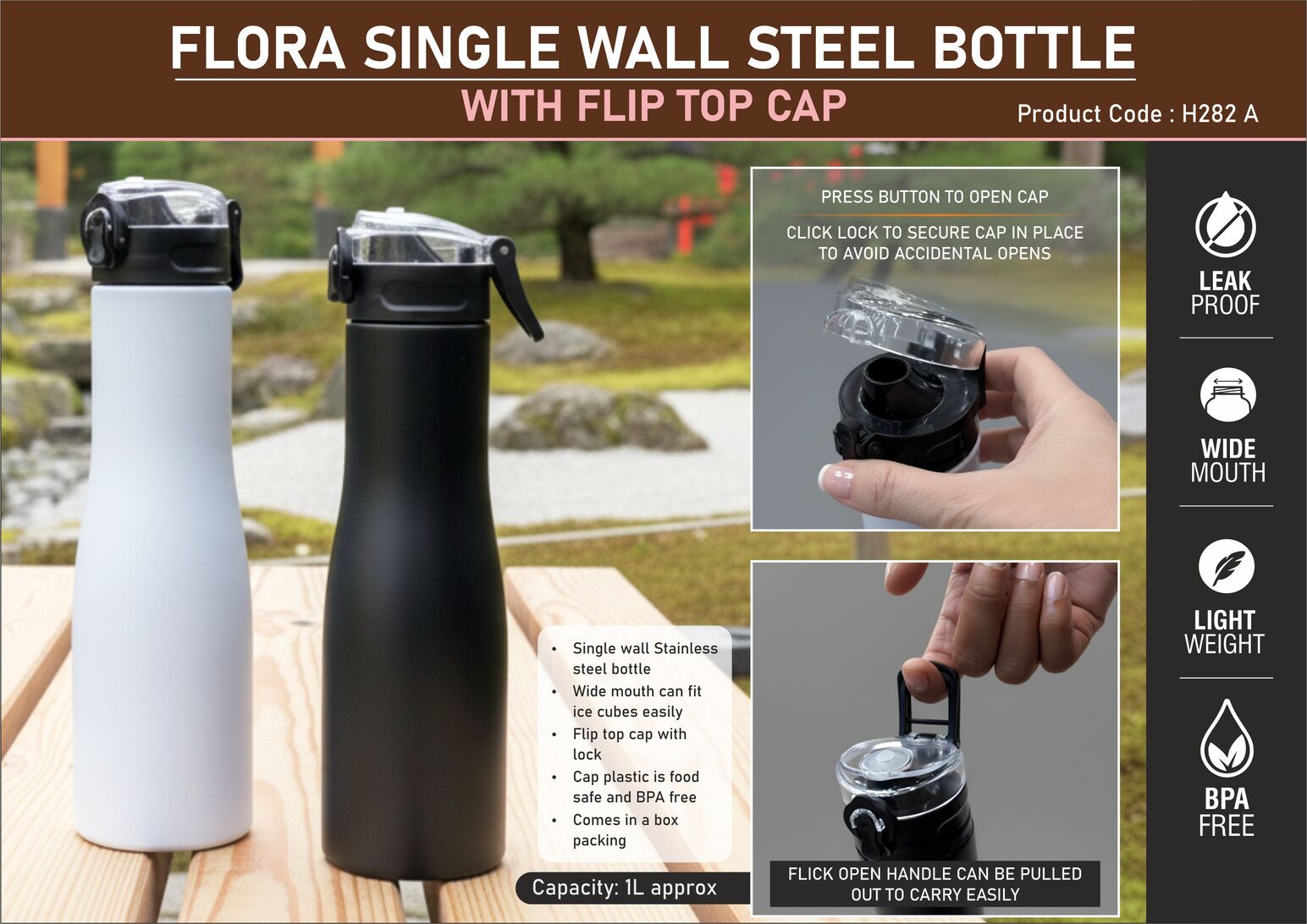 Flora Steel single wall bottle Colored with Flip top Cap | Capacity
1L approx