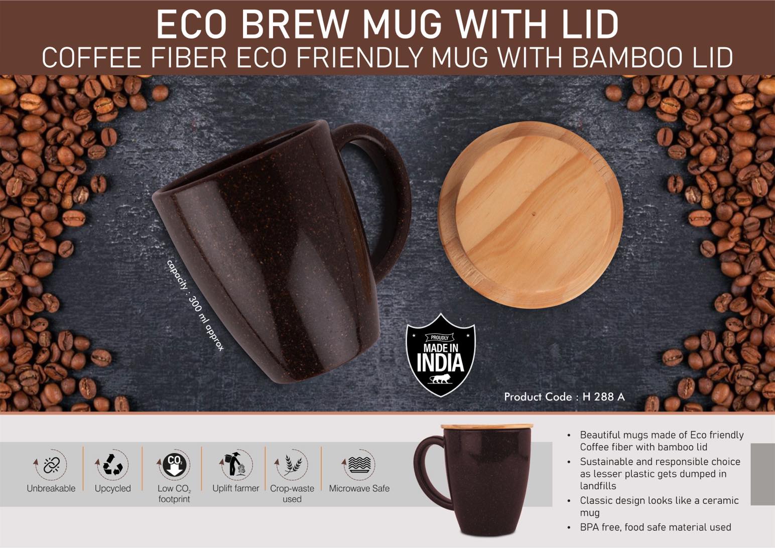 EcoBrew Mug with Lid : Coffee Fiber Eco Friendly Mug with
Bamboo Lid | Capacity 300ml approx