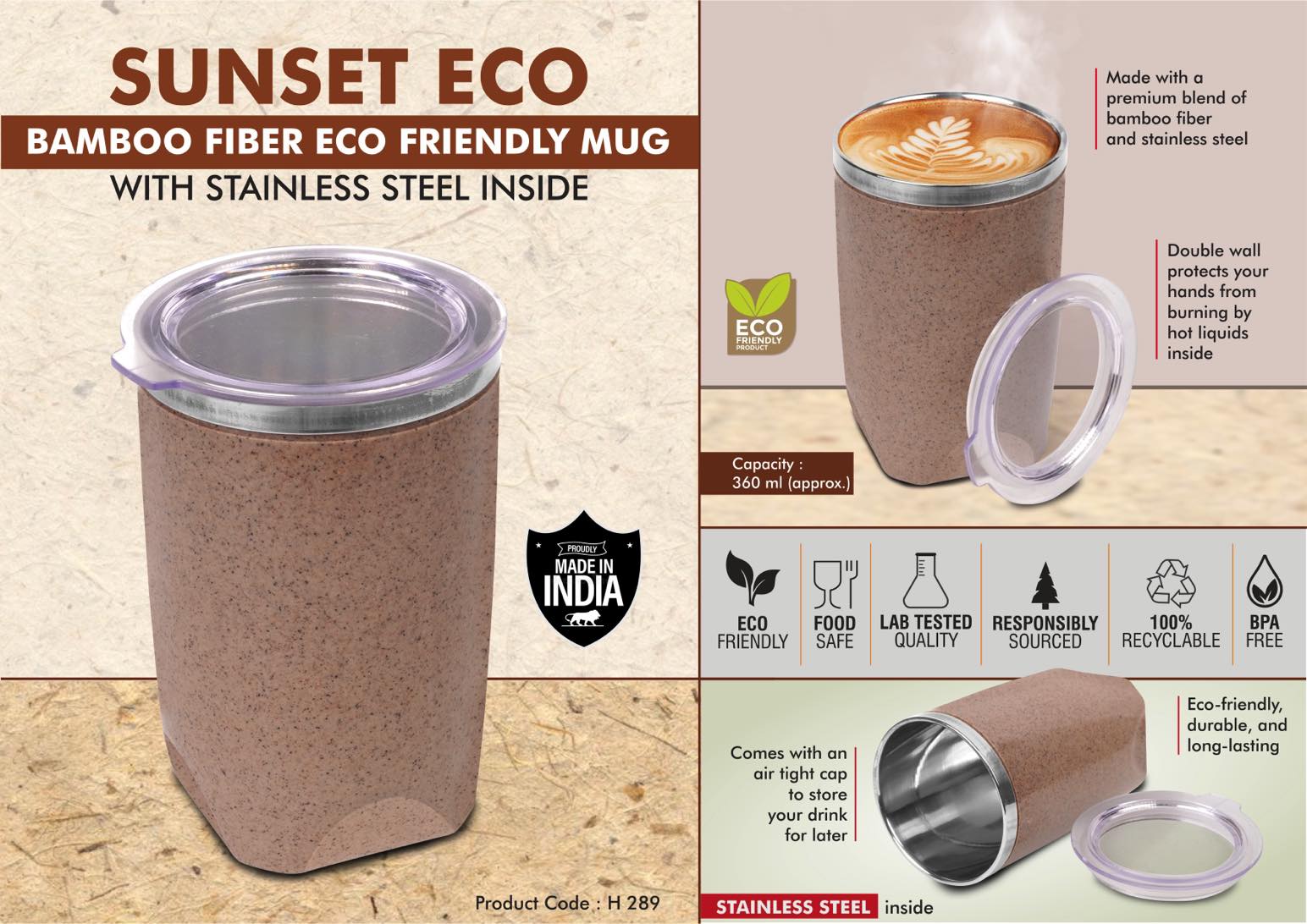Sunset Eco: Bamboo Fiber Eco Friendly steel Mug with Stainless
Steel Inside | Comes with Lid | Leak proof & BPA Free | Capacity
360 ml approx