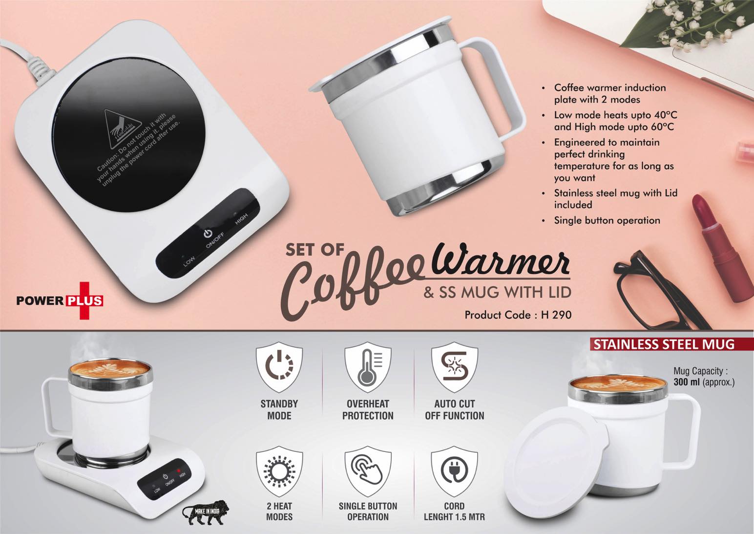 Set of Coffee warmer & SS Mug with Lid | Auto Cut off &
Overheat Protection | 2 heat modes -
https://youtu.be/2u6DsvOxfcY