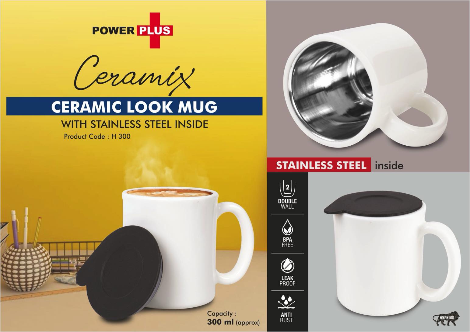 Ceramix: Ceramic Look mug with Stainless Steel inside | Lid
included | Capacity 350ml approx