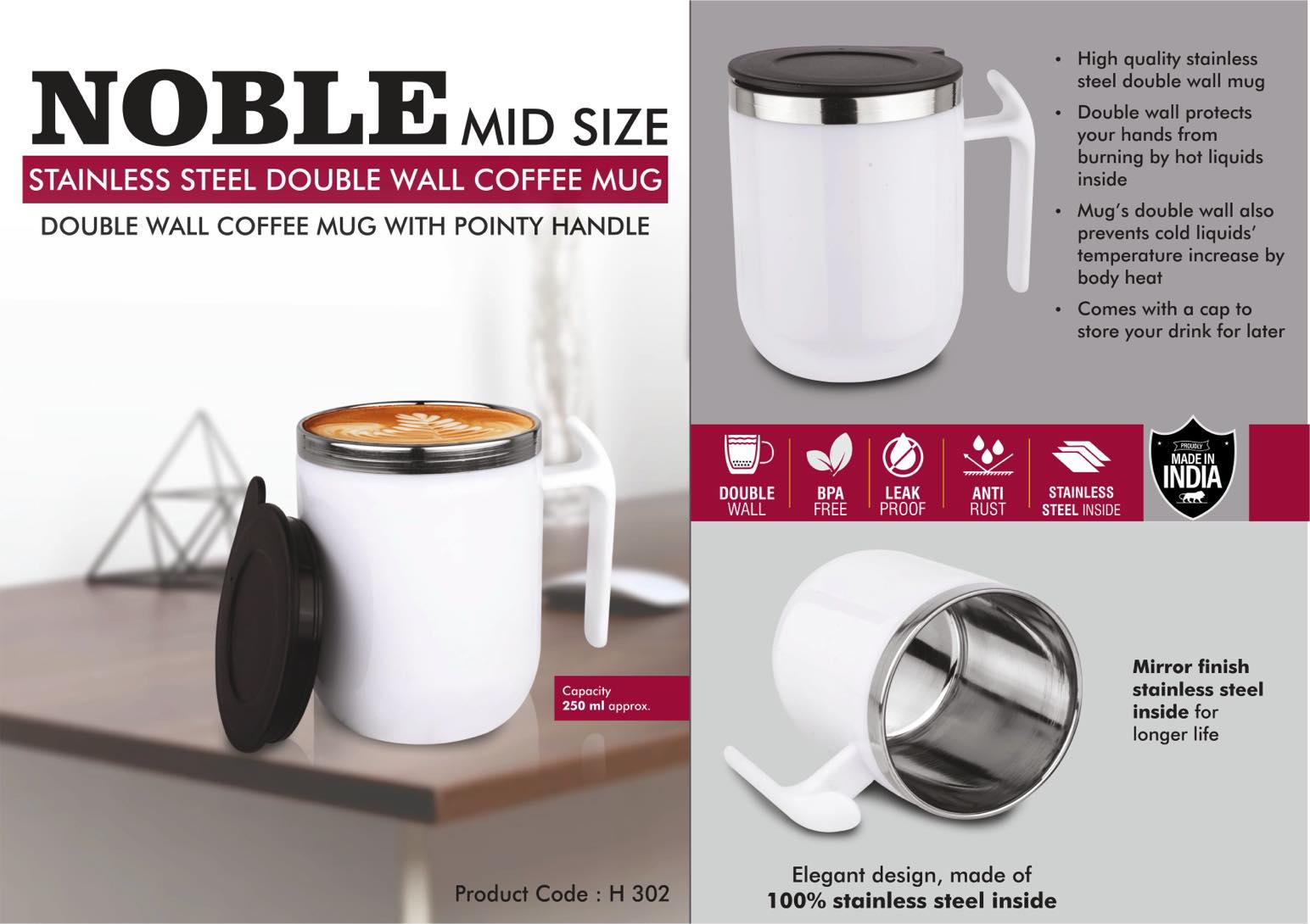Noble: Mid Size Stainless Steel Double wall Coffee mug with
Pointy handle | Leak Proof | Capacity 250ml approx