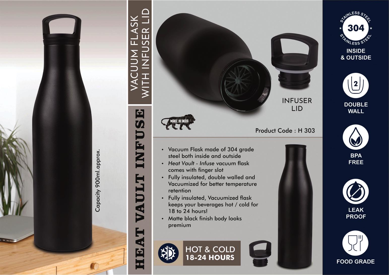 HeatVault Infuse: 900 ml vacuum flask with infuser lid | 304 steel
inside & outside | 18 hours hot/cold