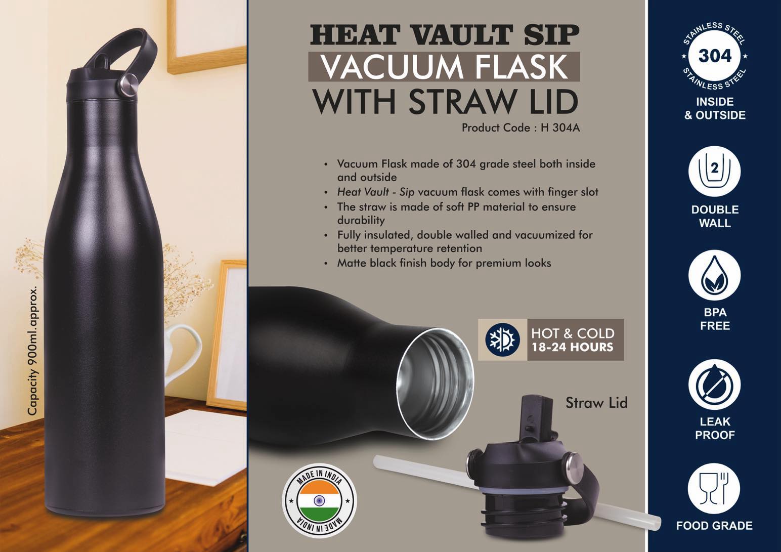HeatVault Sip: 900 ml vacuum flask with Straw lid | 304 steel
inside & outside | 18 hours hot/cold
