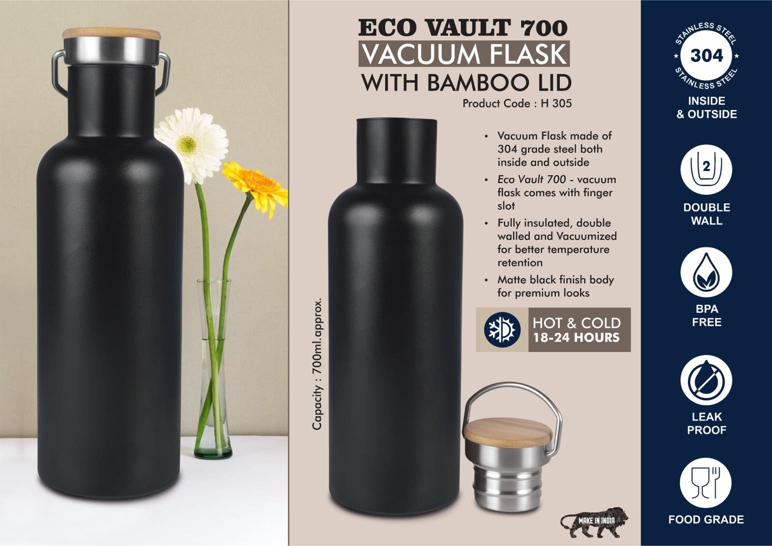 EcoVault 700: 700 ml vacuum flask with Bamboo lid | 304 steel
inside & outside | 18 hours hot/cold -
https://youtu.be/biu_dso3sng