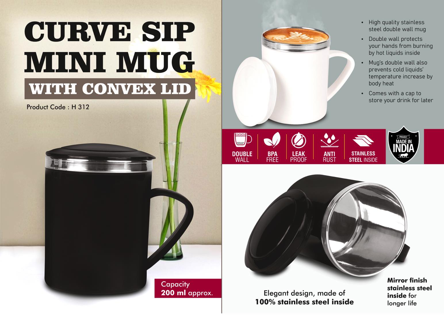 CurveSip Mini Steel mug with Convex Lid | Capacity 200ml
Approx