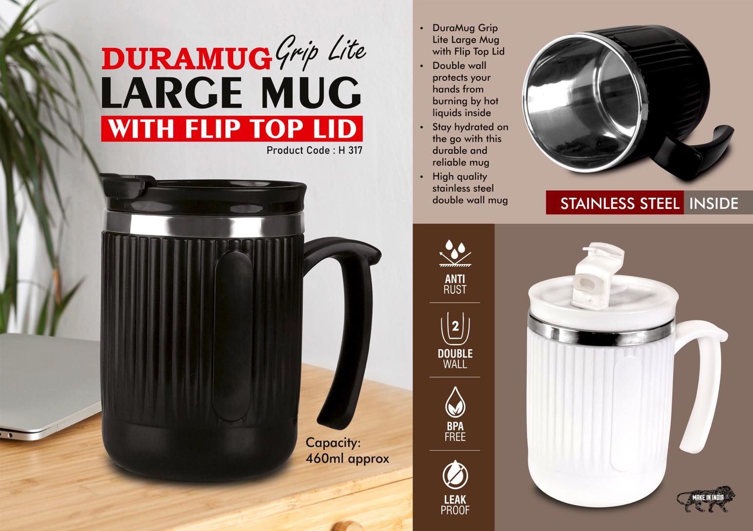 DuraMug Grip Lite: Large steel mug with Flip Top Lid | Capacity
460ml approx | Stainless steel inside -
https://youtu.be/4HLQE6X8msQ