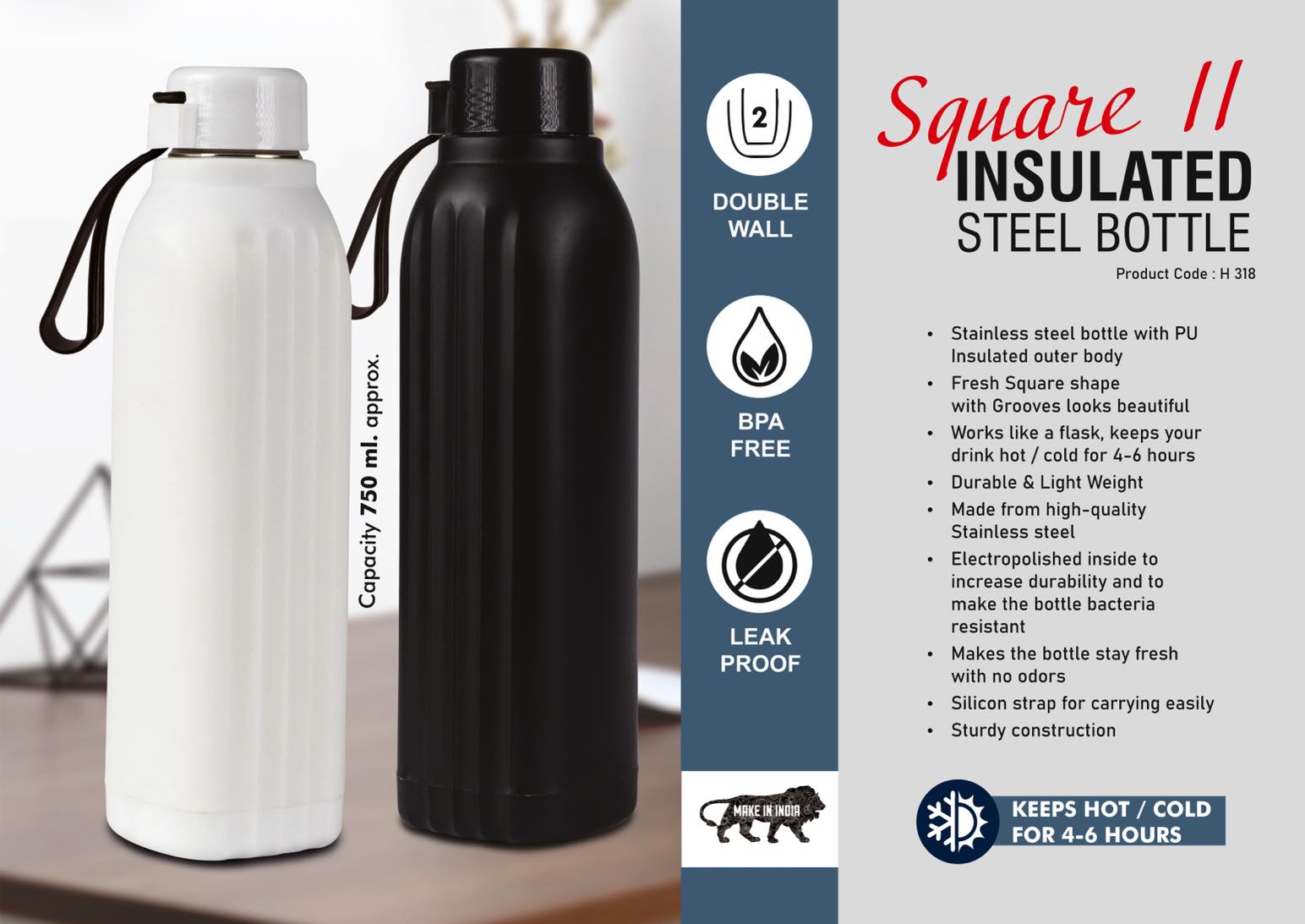 Square II: Insulated Steel Bottle | Keeps Hot & Cold for 4-6
Hours | Strap for Carrying easily | Capacity 750 ml approx