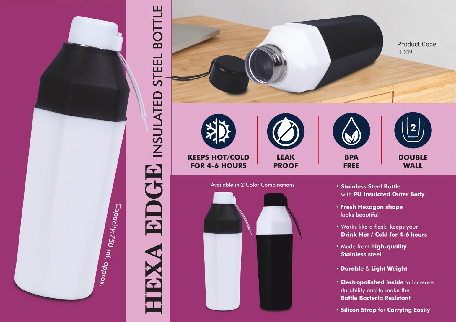 Hexa Edge: Insulated Steel Bottle | Keeps Hot & Cold for 4-6
Hours | Strap for Carrying easily | Capacity 750 ml approx