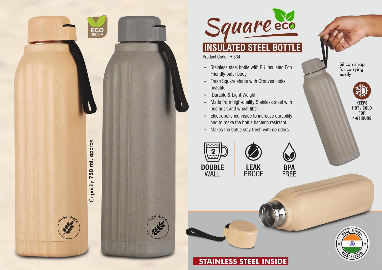 Square II Eco: Eco Friendly Insulated Steel Bottle | Keeps Hot &
Cold for 4-6 Hours | Strap for Carrying easily | Capacity 750 ml
approx | Made with Wheat fiber