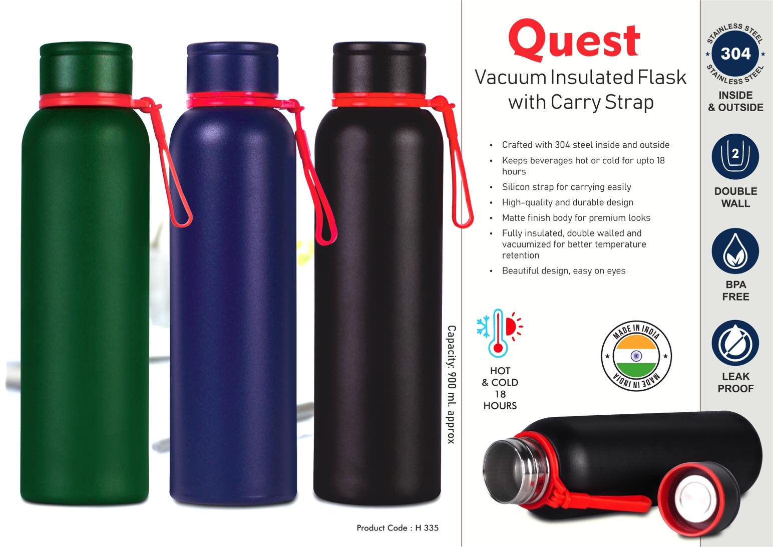 Quest 900ml Vacuum Insulated Flask with Carry Strap | 304
steel inside & outside | 18 hours hot/cold -
https://youtu.be/ydvA_-YJugg