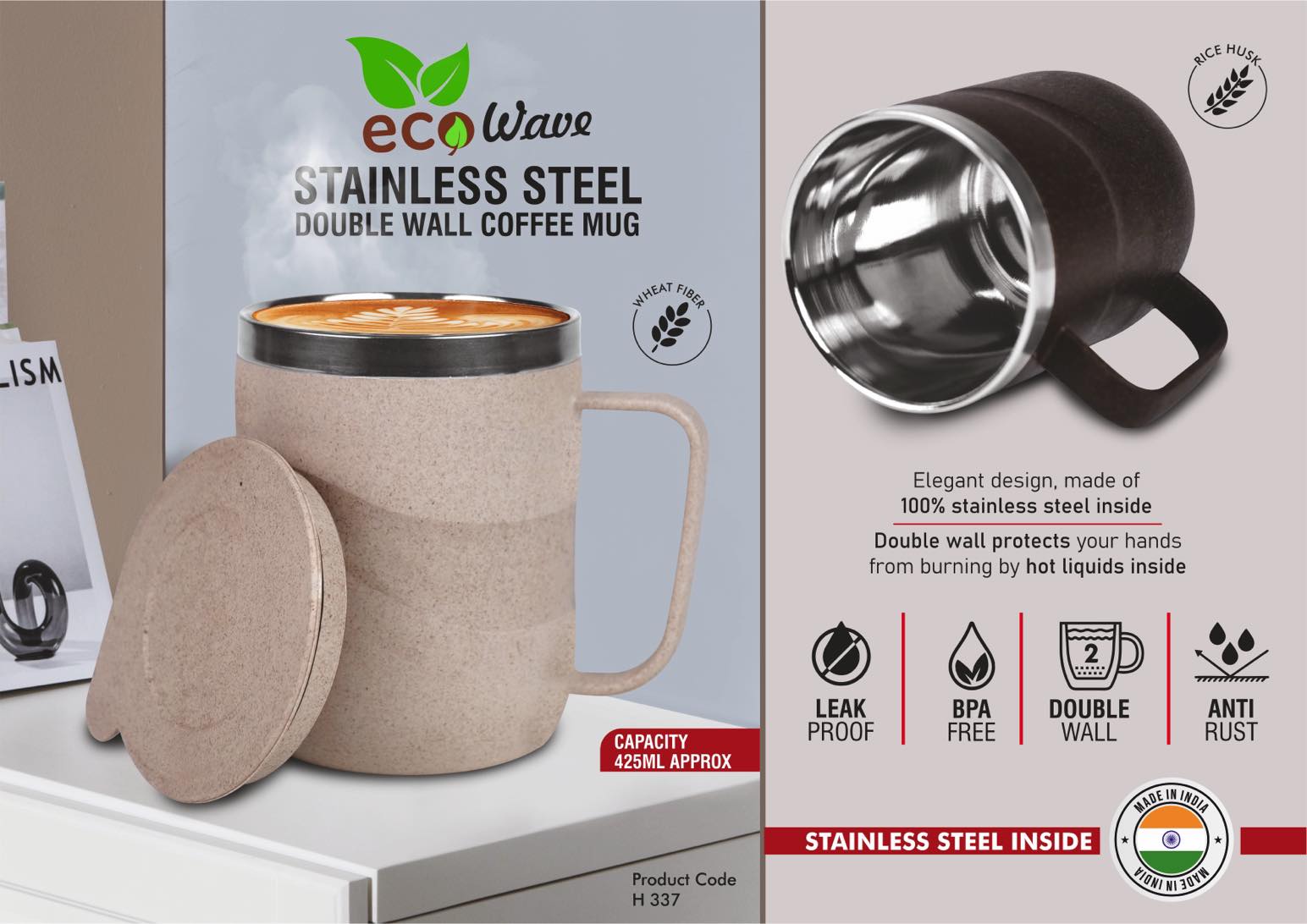 EcoWave: Stainless Steel Double wall Coffee mug | Outer body
made of Wheat & Rice husk | Leak Proof | Capacity 425ml
approx