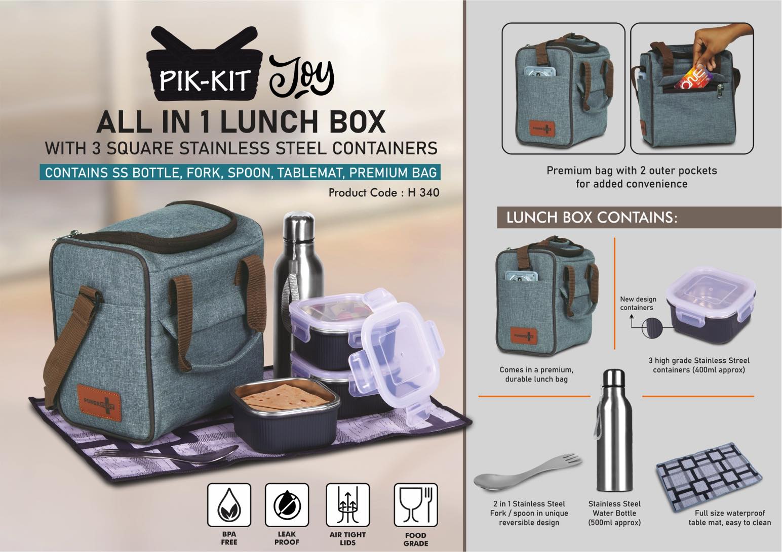 PIK-KIT Joy: All in 1 Lunch box with 3 Square Stainless Steel
containers with striped design | Contains SS bottle, Fork, Spoon,
Tablemat, Premium Bag | Bag has 2 outer pockets