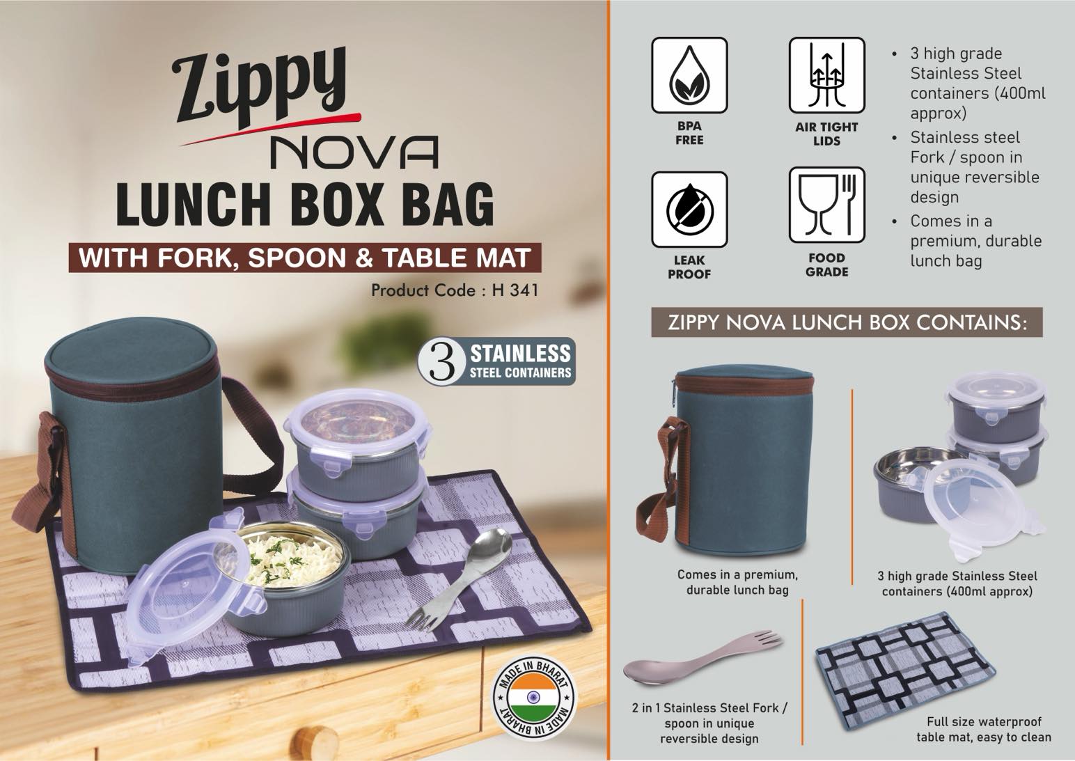Zippy Nova: Lunch box bag with 3 Stainless steel containers,
Fork, Spoon, Tablemat