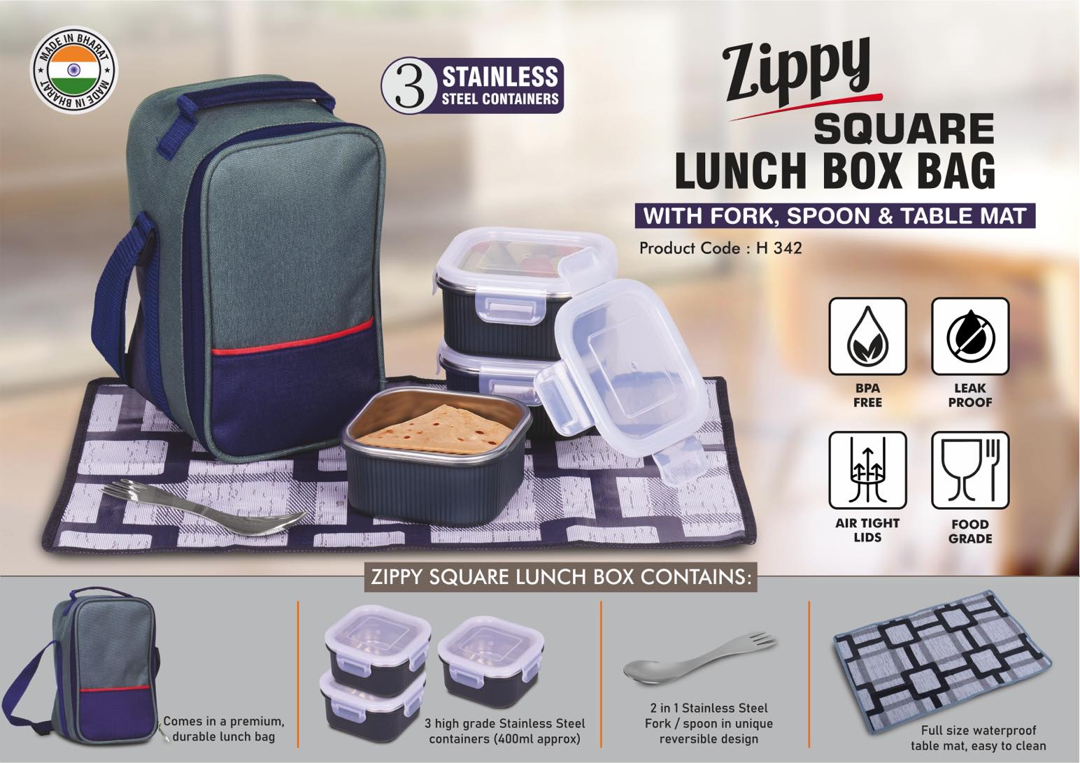 Zippy Square: Lunch box bag with 3 Square Stainless steel
containers with striped design, Fork, Spoon, Tablemat