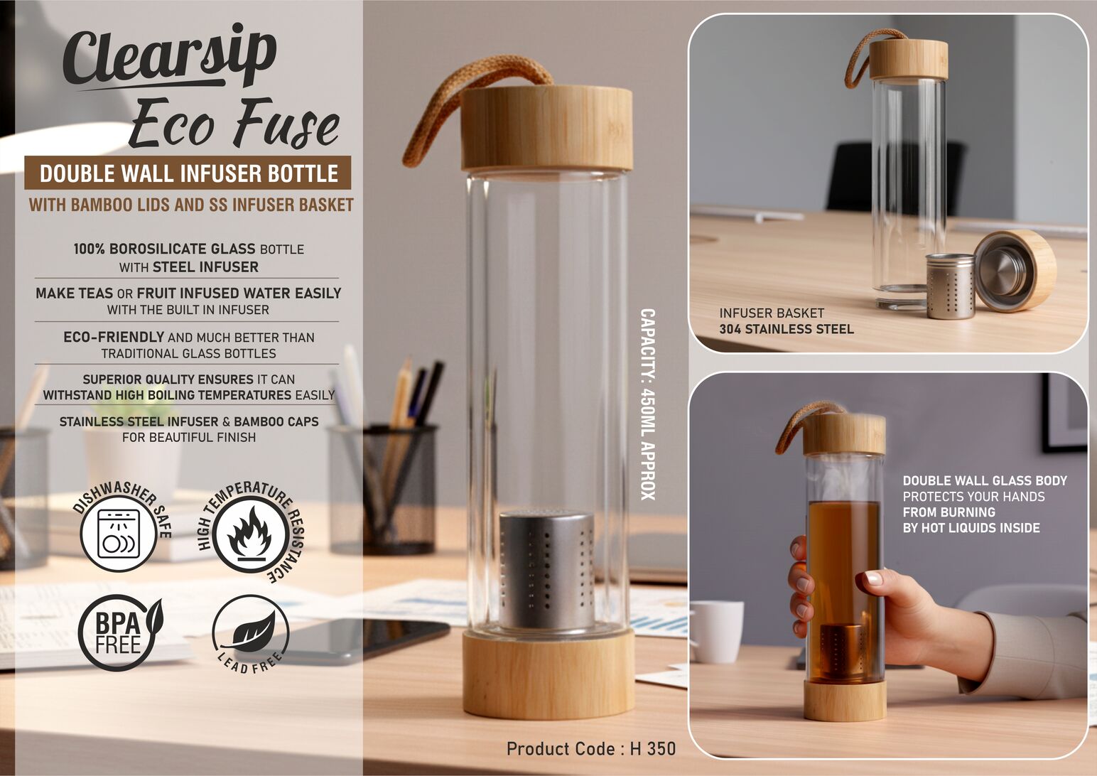 ClearSip EcoFuse: Double wall Infuser Glass bottle with Bamboo
lids and SS infuser basket | Capacity 450ml (approx)