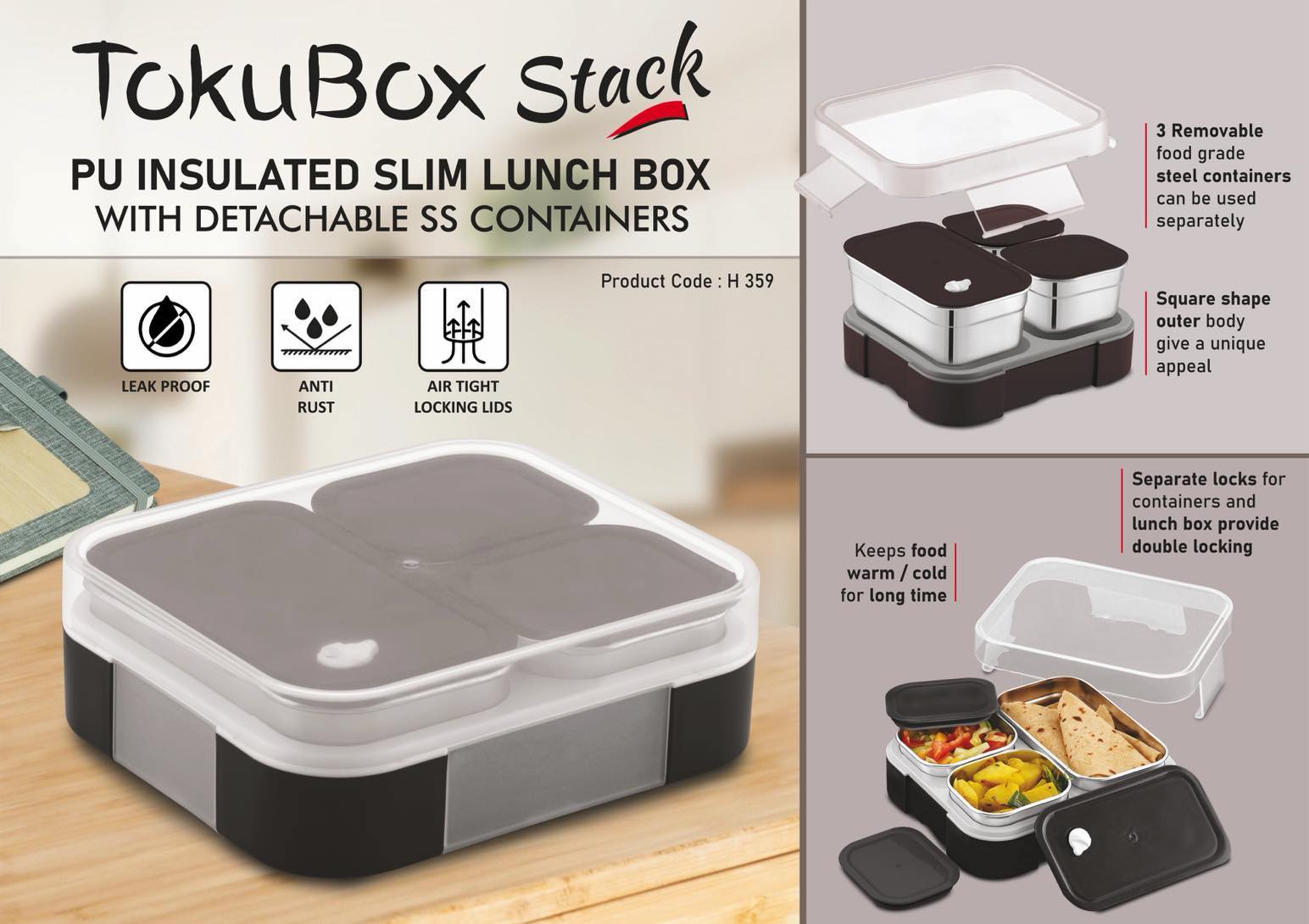 TokuBox Stack: Slim Lunch box with Detachable SS containers |
3 removable containers can be used separately | Leakproof