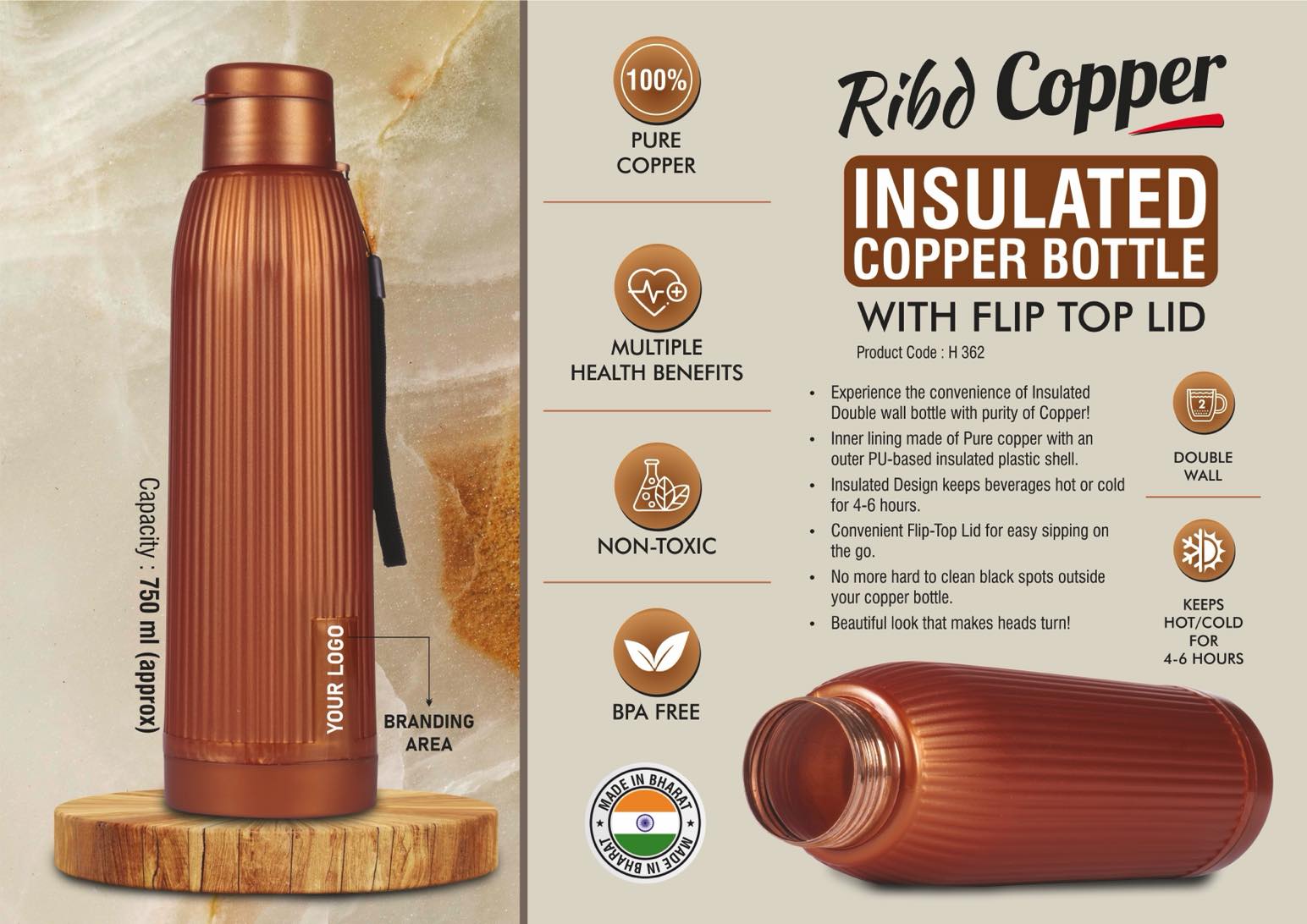 Ribd Copper : Insulated Copper Bottle with flip top lid | Keeps
Hot & Cold for 4-6 Hours | Strap for Carrying easily | Capacity
750 ml approx
