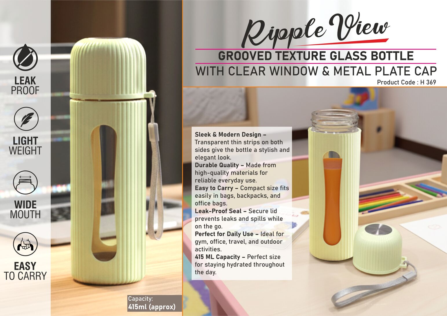 RippleView: Grooved Texture Glass Bottle with Clear Window &
Metal Plate Cap | Capacity 415ml (approx)
