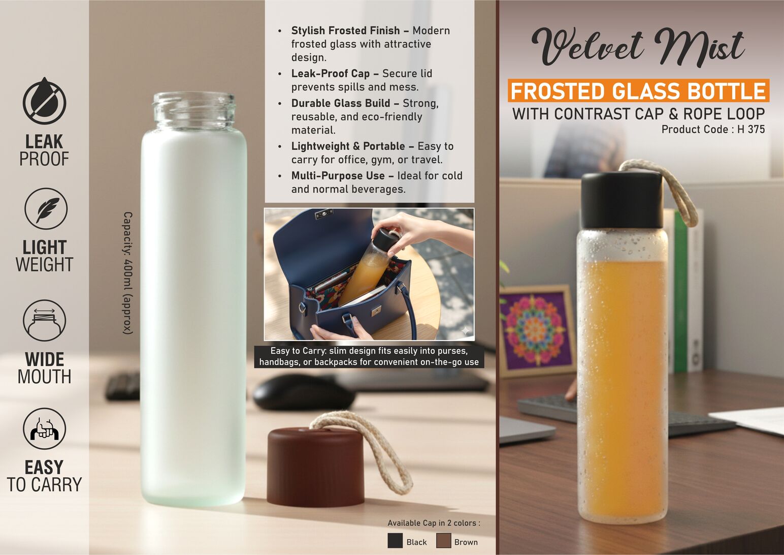 VelvetMist: Frosted Glass Bottle with Contrast Cap & Rope Loop
| Capacity 400ml (approx)
