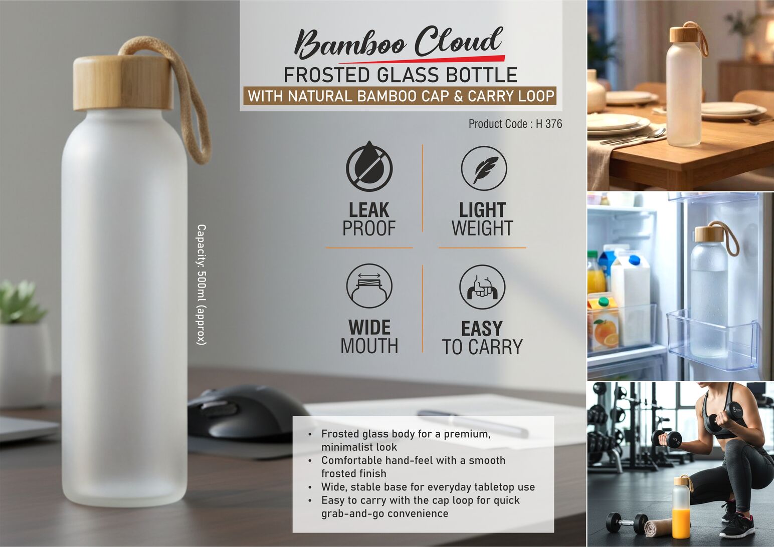 BambooCloud: Frosted Glass Bottle with Natural Bamboo Cap &
Carry Loop | Capacity 500ml (approx)