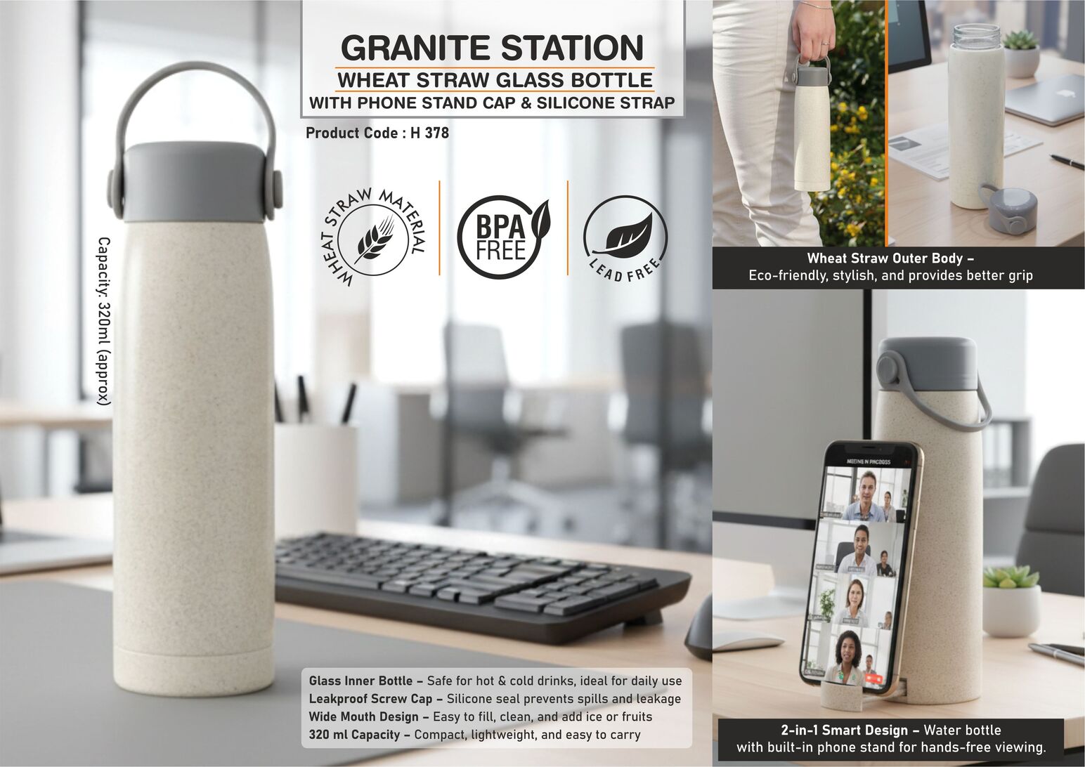 GraniteStation: Wheat straw Glass Bottle with Phone Stand Cap
& Silicone Strap | Capacity 315ml (approx)