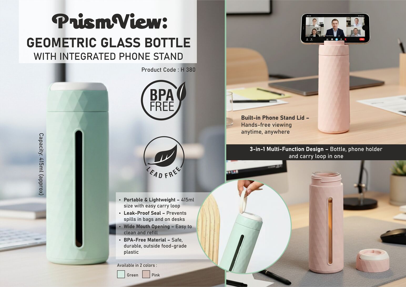 PrismView: Geometric Glass Bottle with Integrated Phone Stand
| Capacity 415ml (approx)