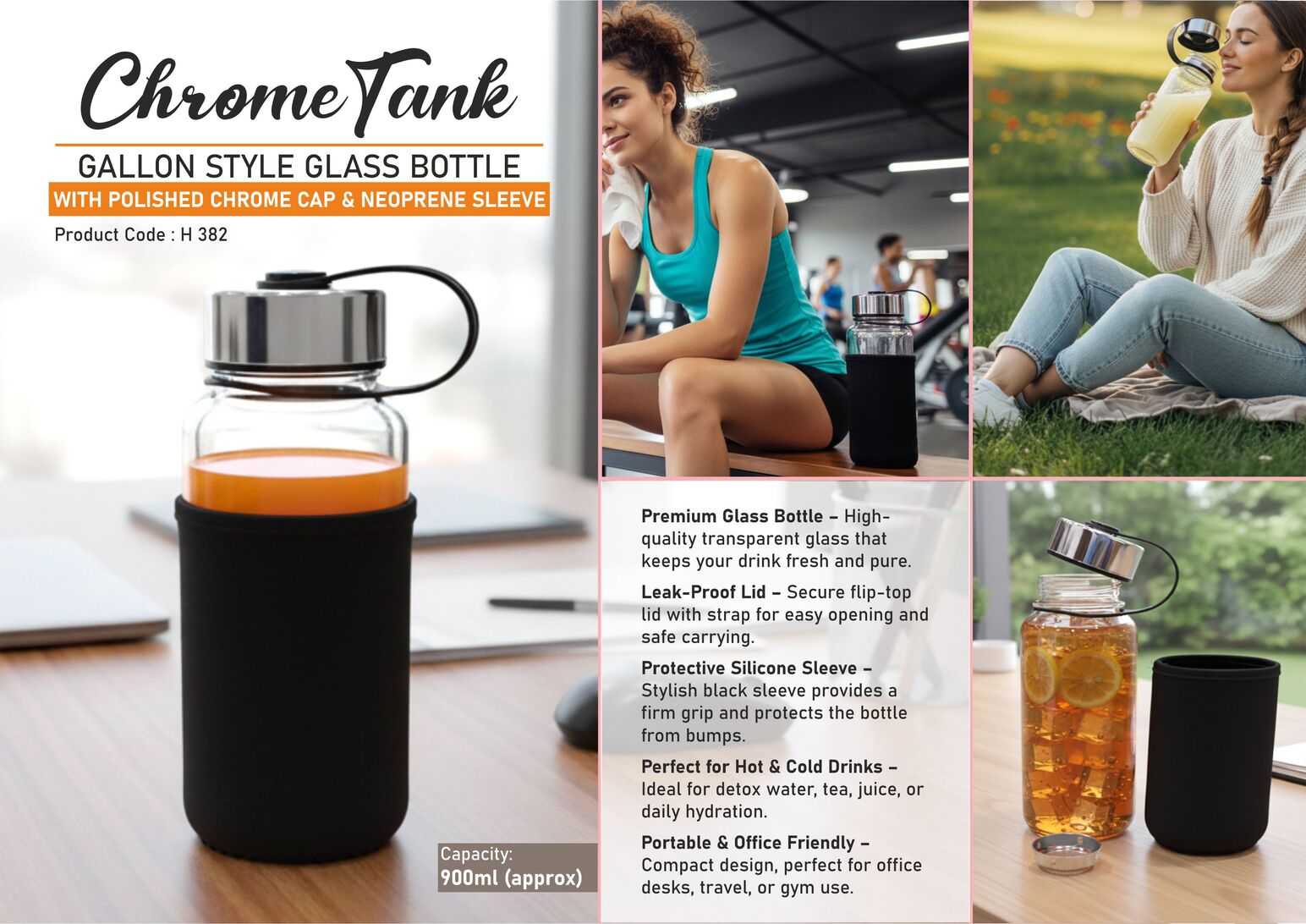 ChromeTank: Gallon style Glass Bottle with Polished Chrome
Cap & Neoprene Sleeve | Capacity 900ml (approx)