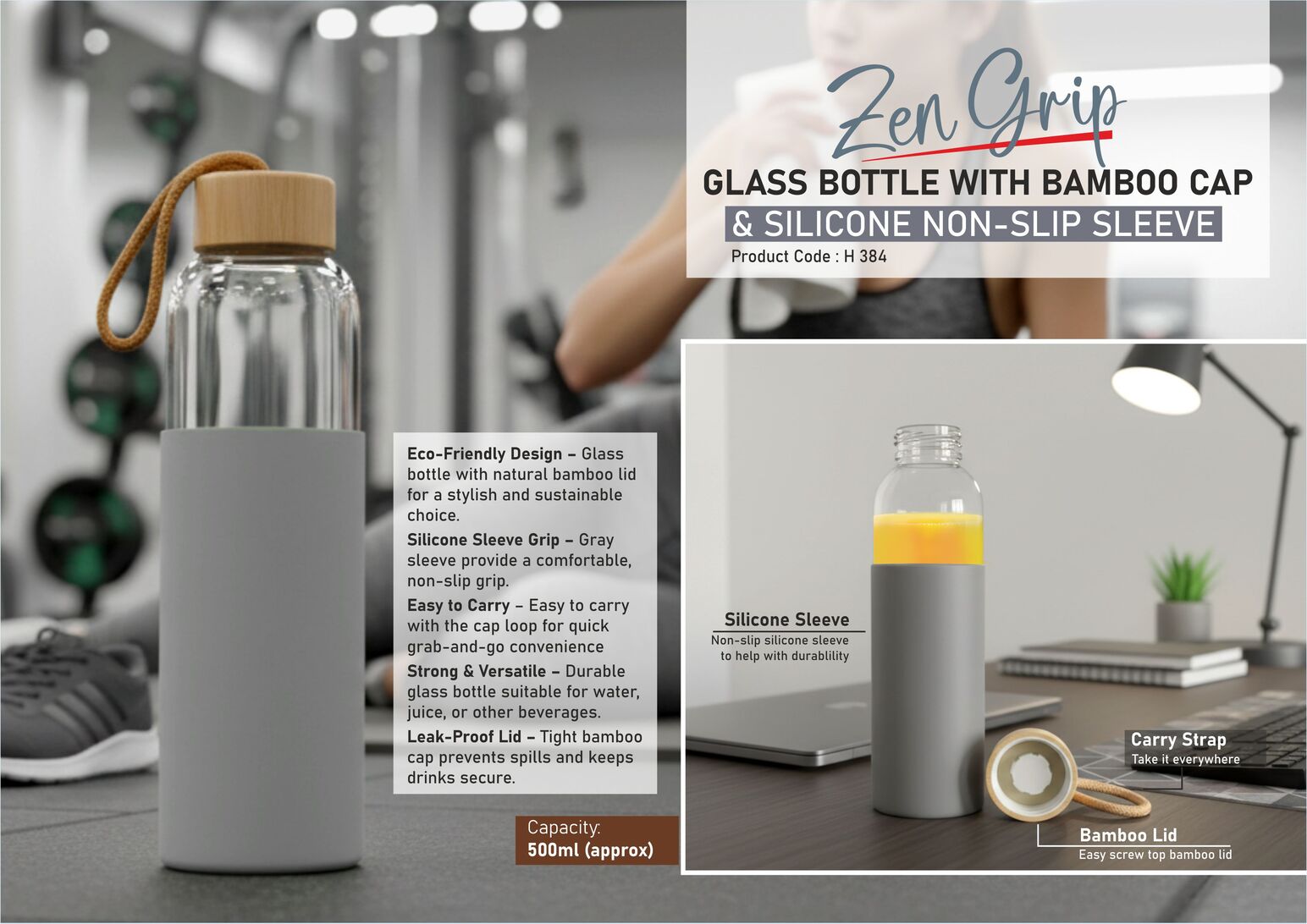 ZenGrip: Glass Bottle with Bamboo Cap & Silicone Non-Slip
Sleeve | Capacity 500ml (approx)