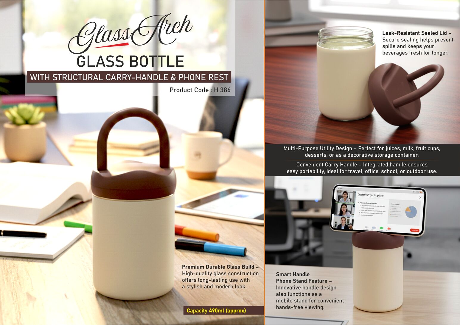 GlassArch: Glass Bottle with Structural Carry-Handle & Phone
Rest | Capacity 490ml (approx)