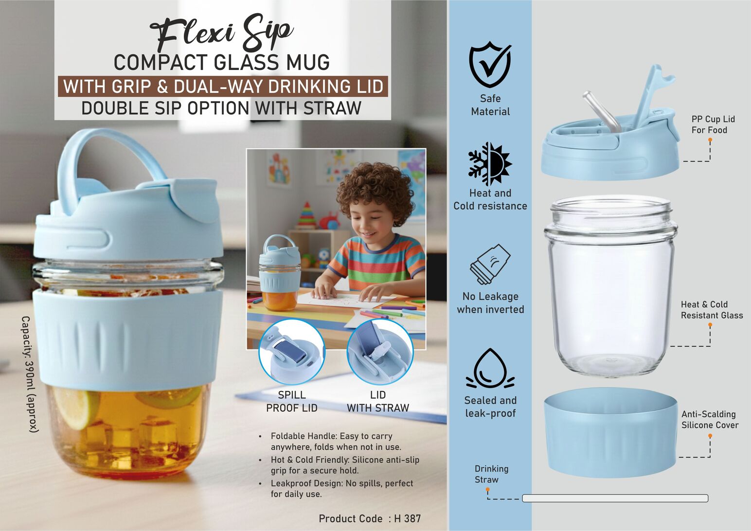 FlexiSip: Compact Glass Mug with Grip & Dual-Way Drinking Lid
| Double sip option with straw | Capacity 390ml (approx)
