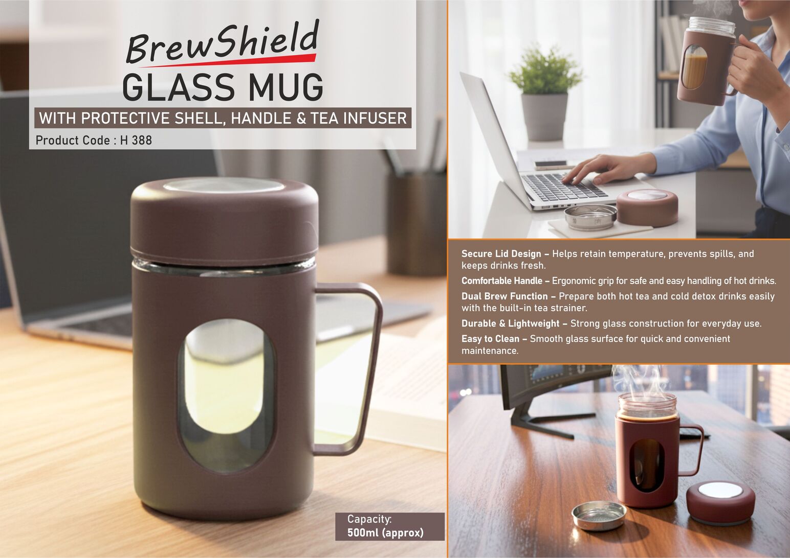 BrewShield: Glass Mug with Protective Shell, Handle & Tea
Infuser | Capacity 500ml (approx)