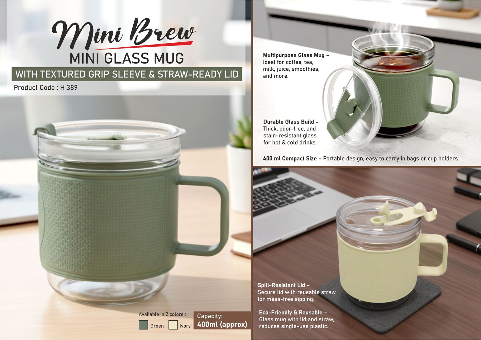 MiniBrew: Mini Glass Mug with Textured Grip Sleeve & Straw-
Ready Lid | Double sip option | Capacity 400ml (approx)