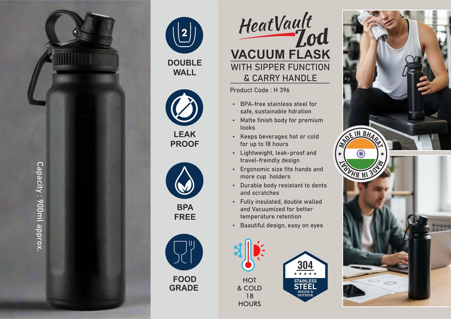 HeatVault Zod: Vacuum flask with Sipper function & Carry
handle | 304 steel inside & outside | 18 hours hot/cold | Capacity
900ml approx