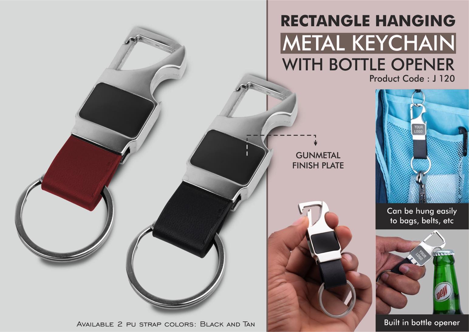 Rectangle hanging metal keychain with Bottle Opener |
Gunmetal Plate with PU strap