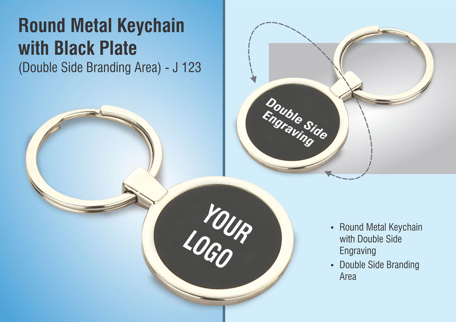 Round metal keychain with Black plate (Double side branding
area)