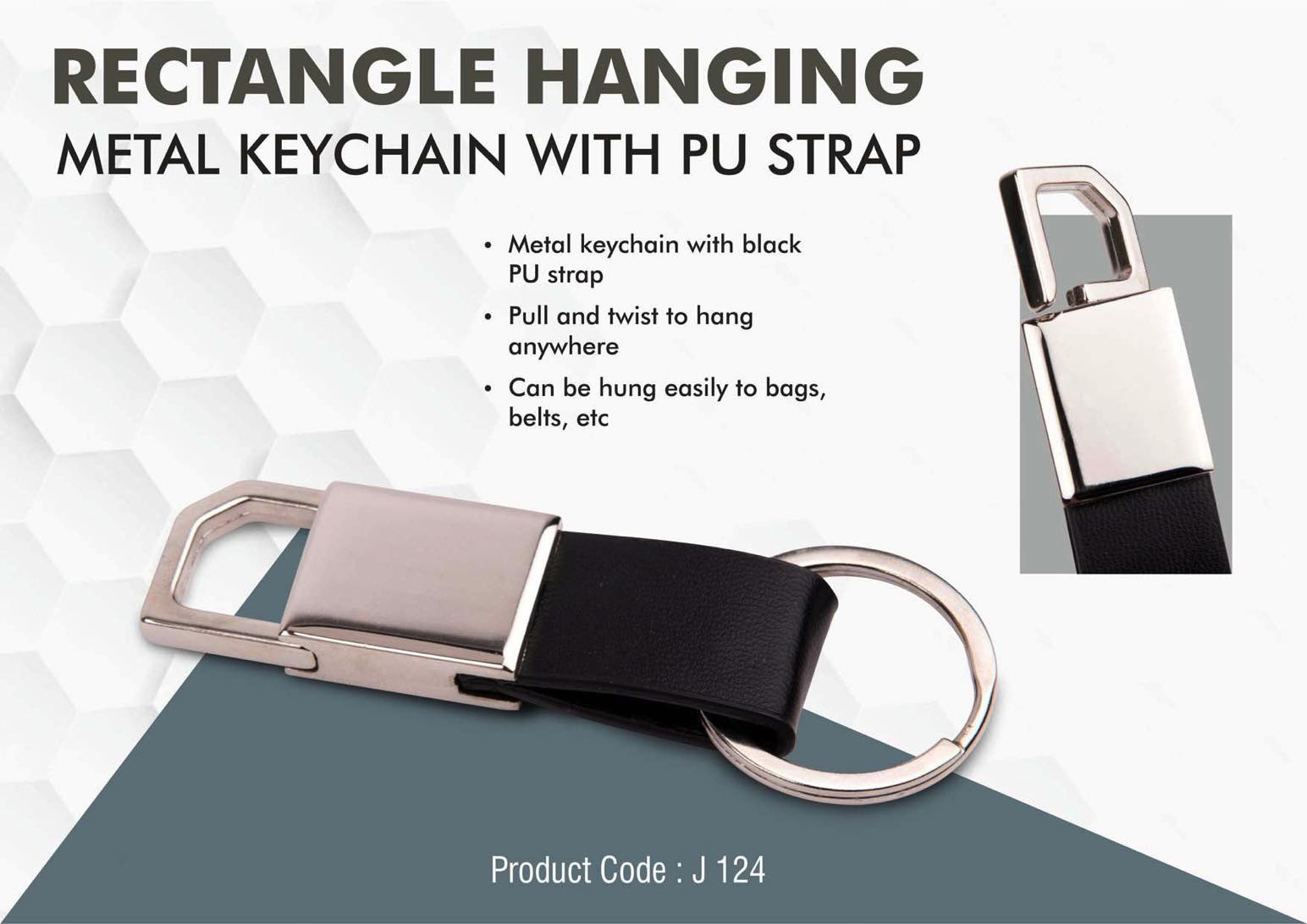 Rectangle hanging metal keychain with PU strap
