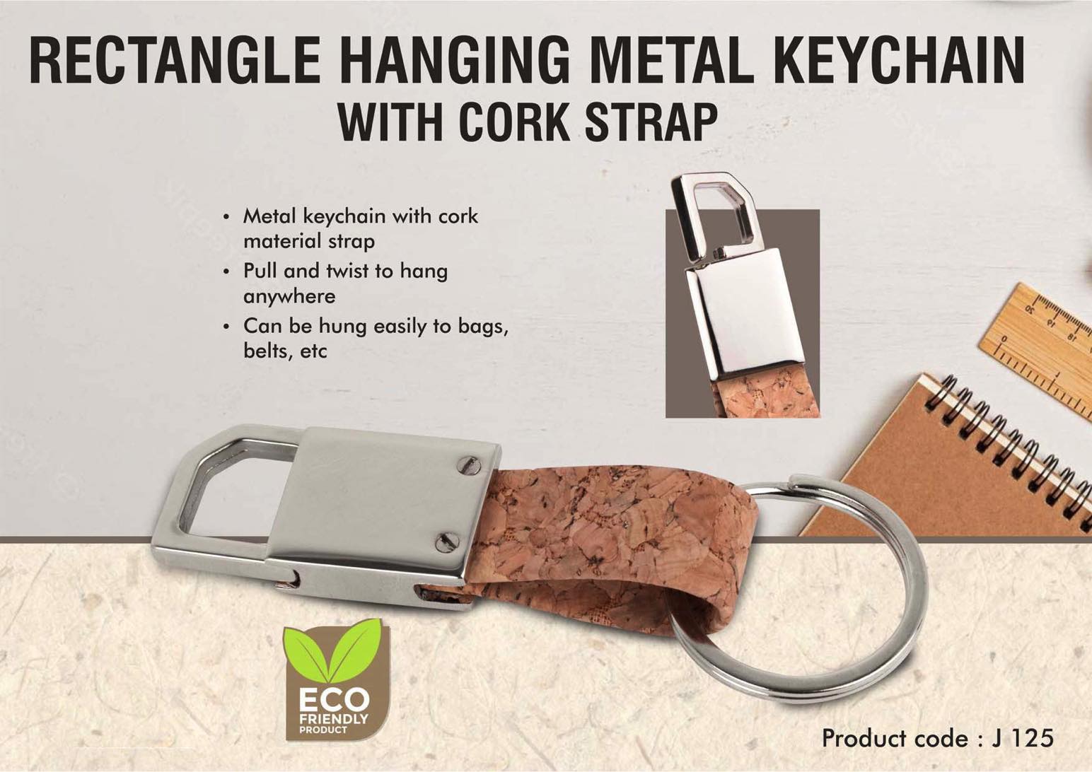 Rectangle hanging metal keychain with Cork strap