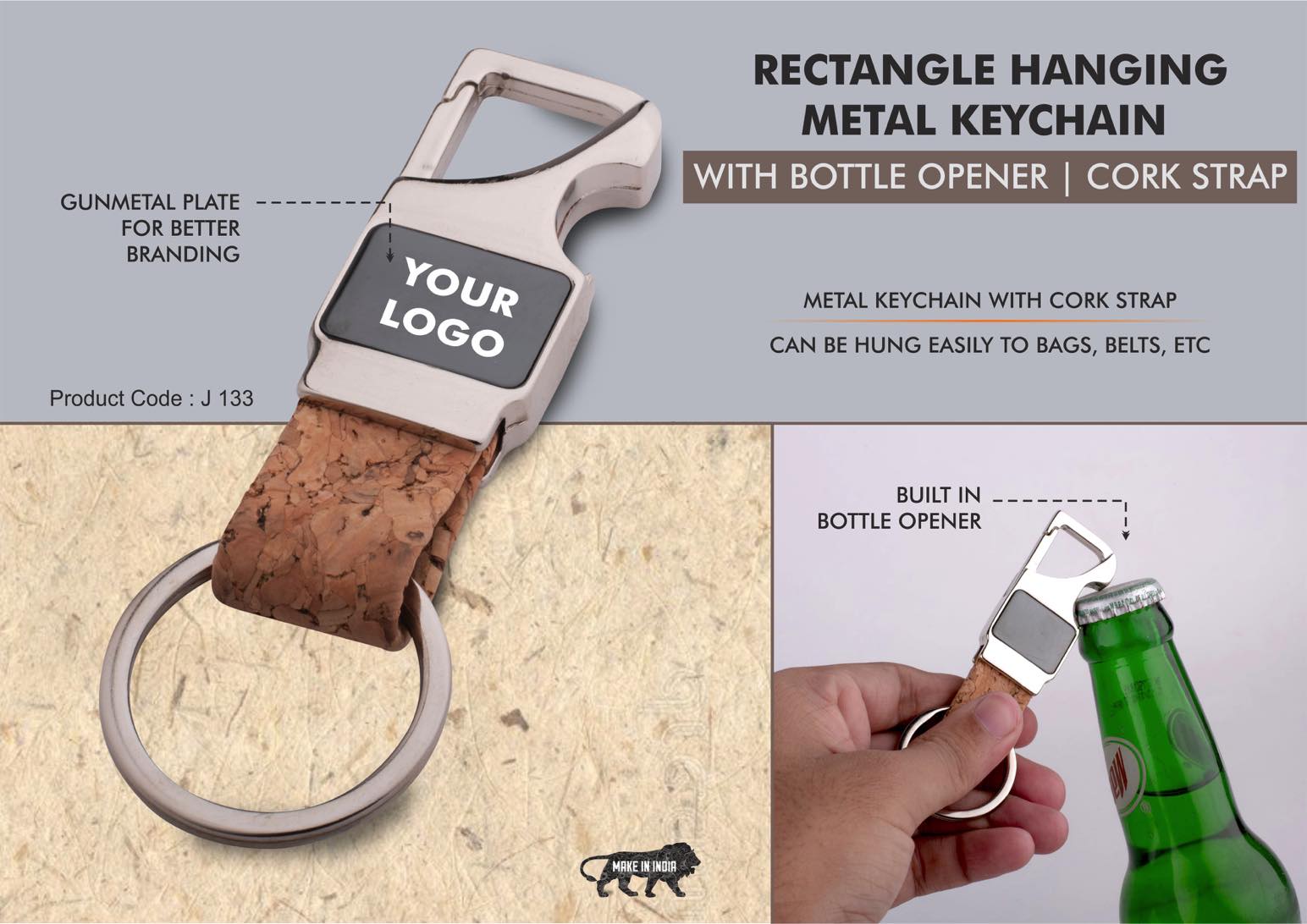 Rectangle hanging metal keychain with Bottle Opener | Cork
strap