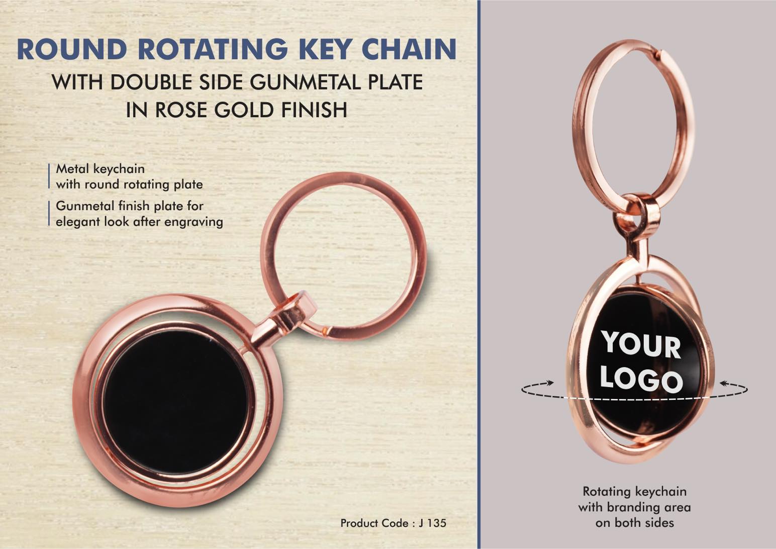 Round Rotating Key chain with Double side Gunmetal plate in
Rose Gold Finish