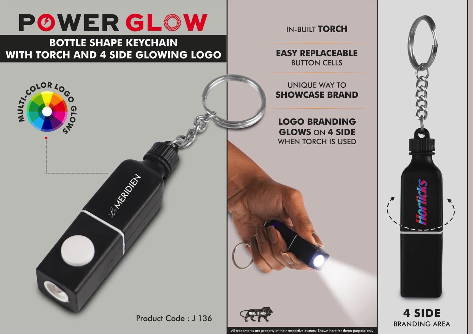 PowerGlow Bottle shape keychain with Torch and 4 side
Glowing Logo