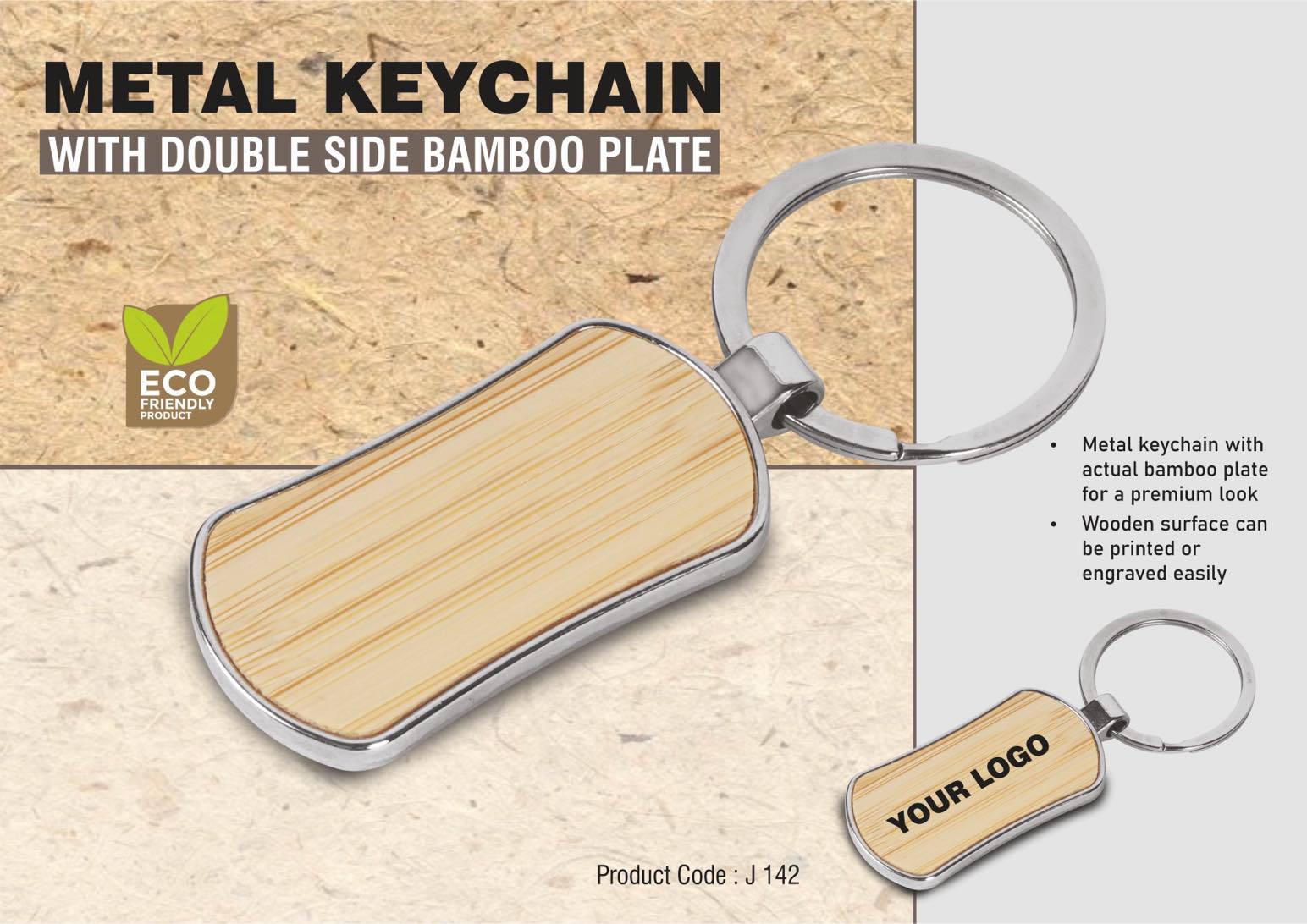 Metal keychain with double side Bamboo plate
