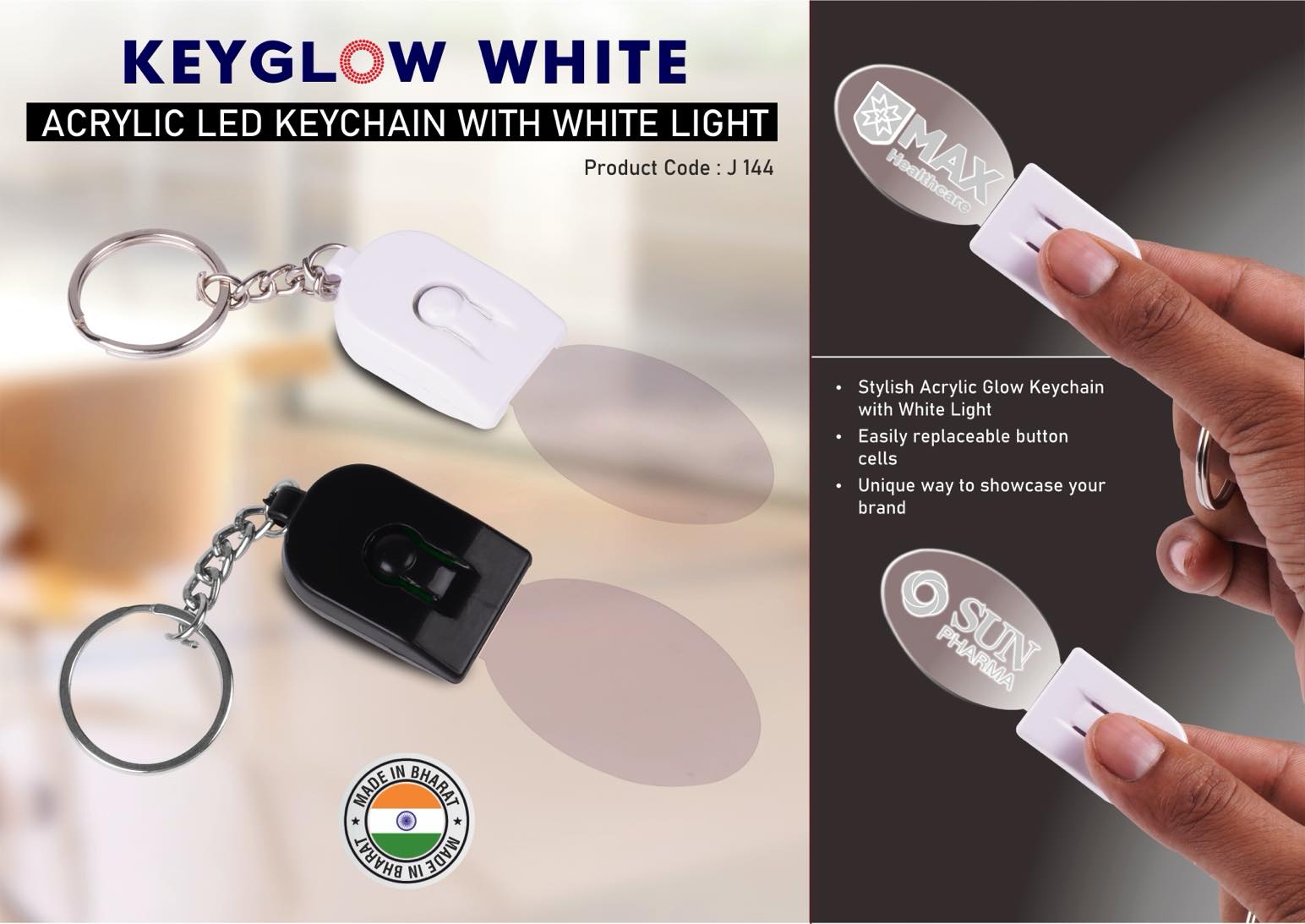 Keyglow White: Acrylic LED Keychain with White Light - Oval
shape