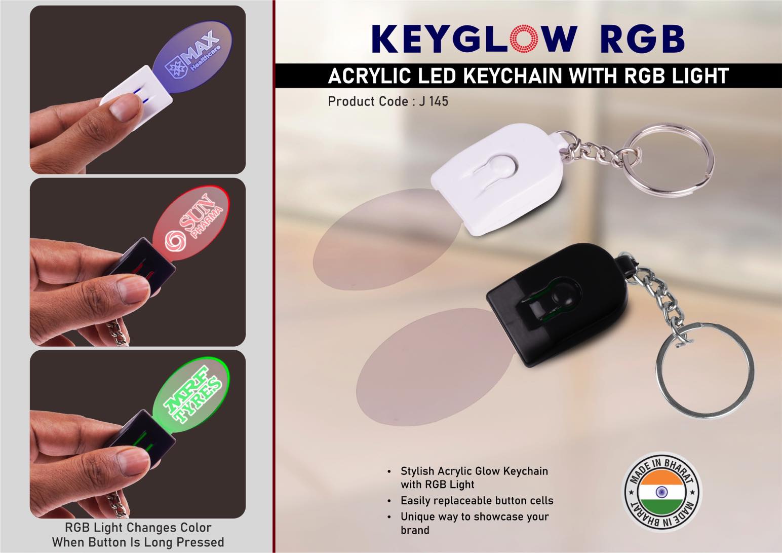 Keyglow RGB: Acrylic LED Keychain with RGB Light - Oval
shape