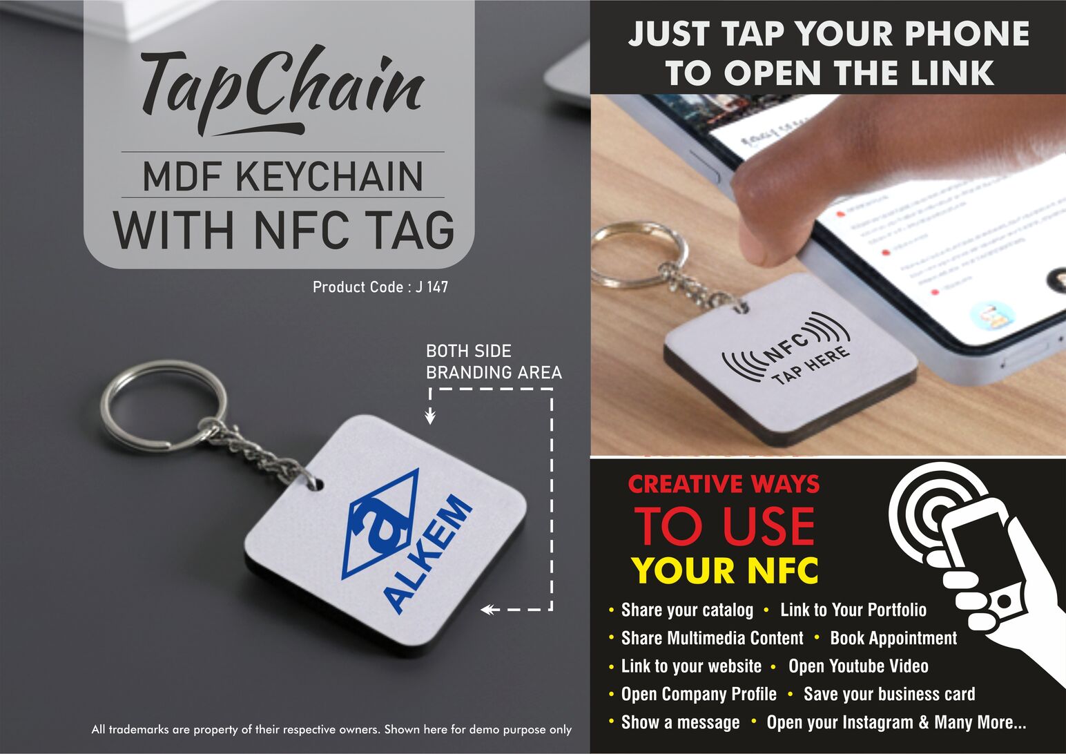 TapChain Square: Customized MDF Keychain with NFC Tag |
Link to your Catalog, Website, Video, etc | Double side branding
-
https://youtu.be/6wgnLwSvRaM